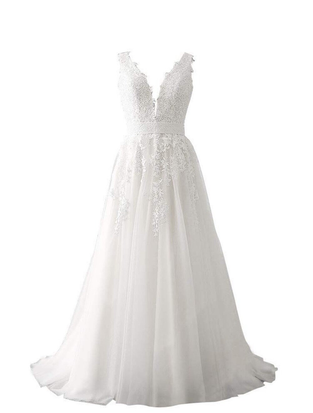 Elegant White Lace Applique Princess Wedding Dress Ball Gown V-Neck A-Line, 8